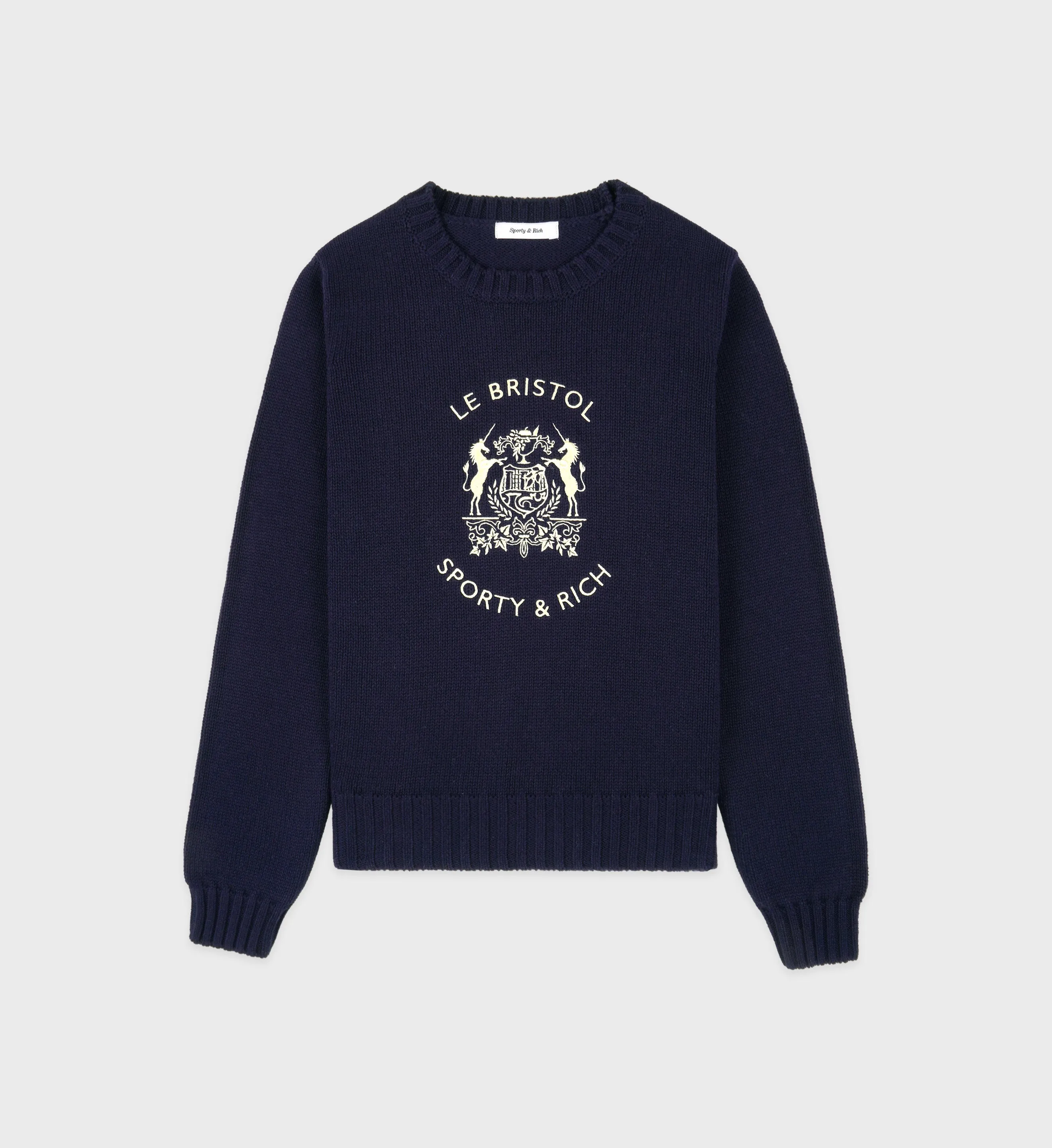 Bristol Crest Cotton Knit Sweater - Navy/Cream sold by Sporty and Rich