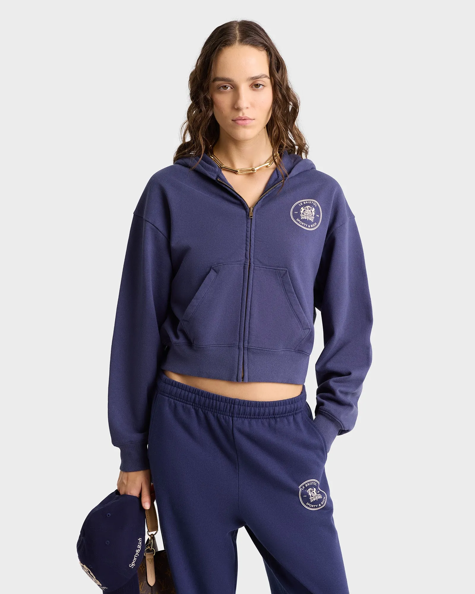 Bristol Crest 100th Cropped Zip Hoodie - Navy/Cream sold by Sporty and Rich product image thumbnail 4