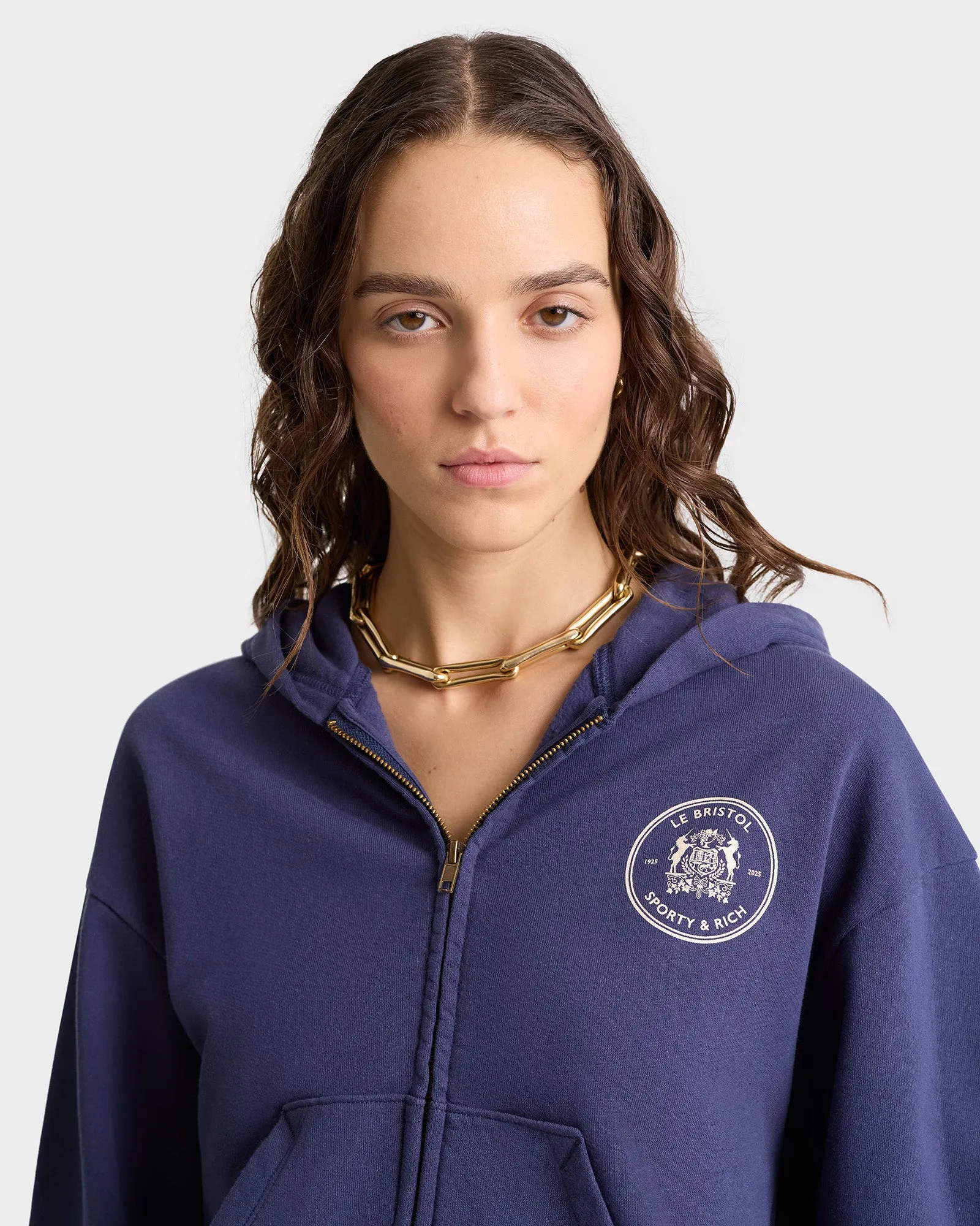 Bristol Crest 100th Cropped Zip Hoodie - Navy/Cream sold by Sporty and Rich product image thumbnail 5