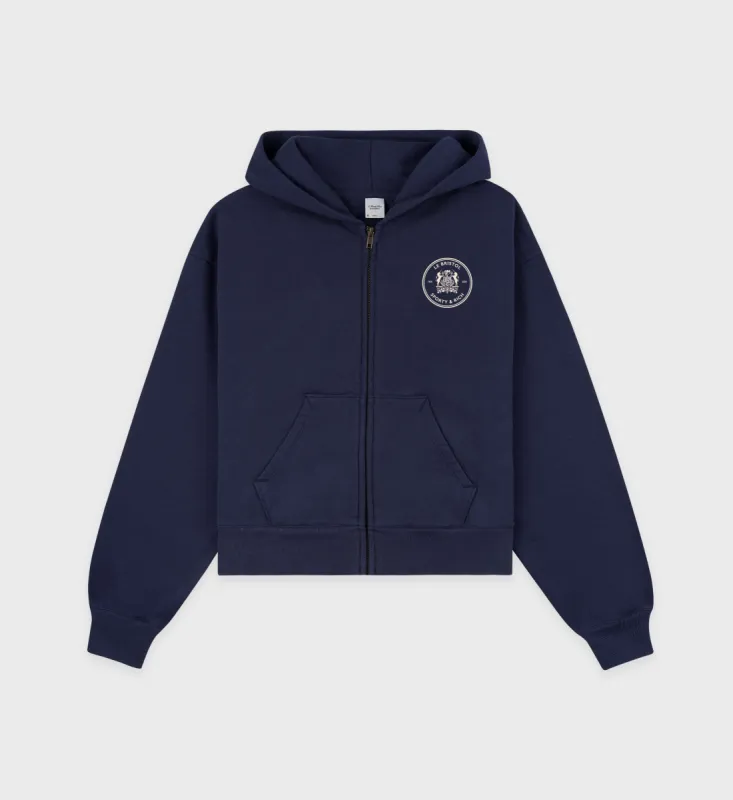 Bristol Crest 100th Cropped Zip Hoodie - Navy/Cream sold by Sporty and Rich