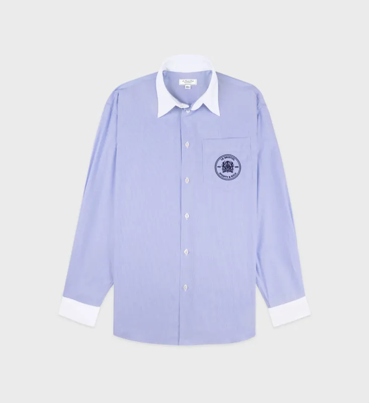 Bristol Crest Oversized Shirt - White/Navy Stripe sold by Sporty and Rich