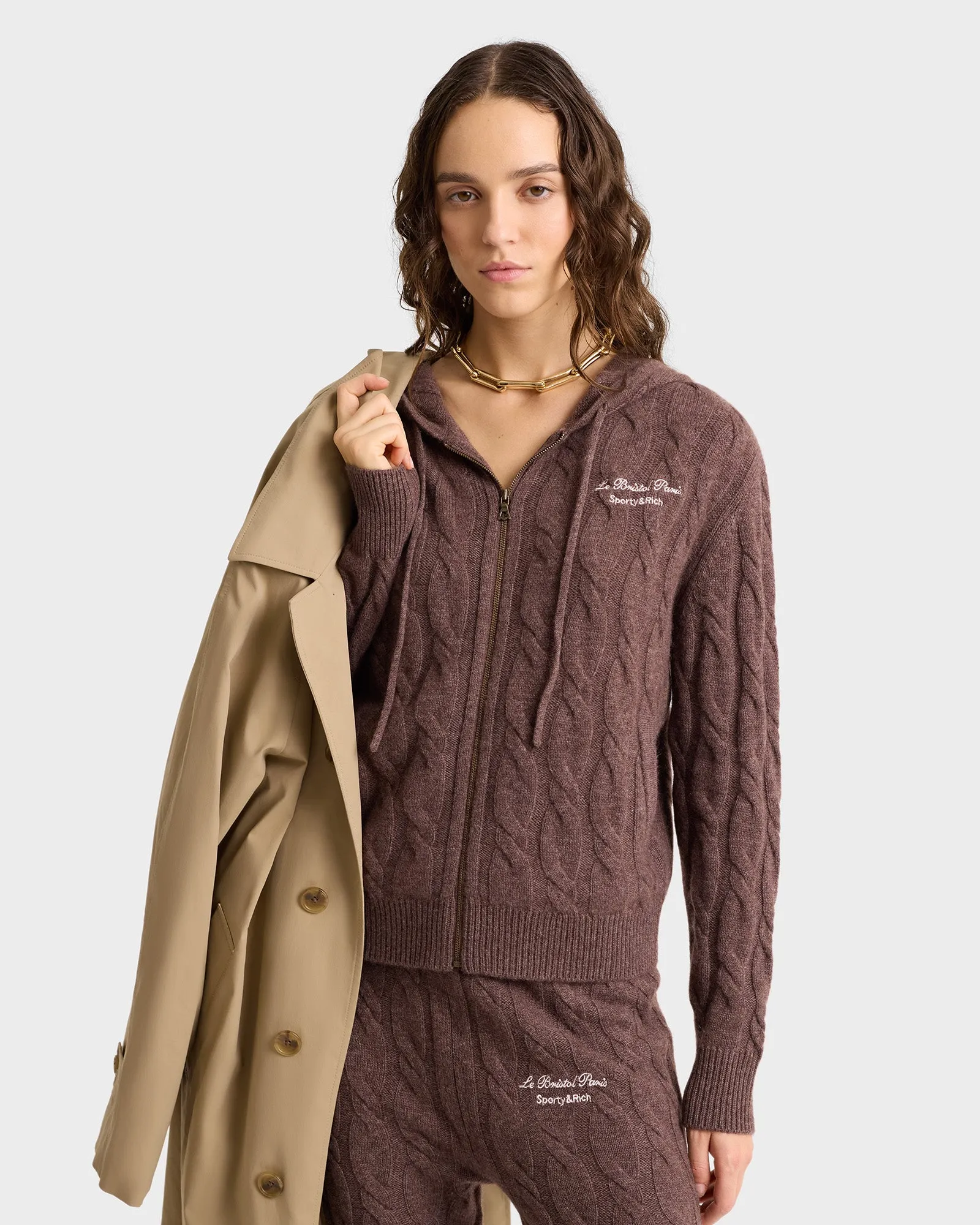 Faubourg Cableknit Wool Cashmere Pants - Chocolate/Cream sold by Sporty and Rich product image thumbnail 5