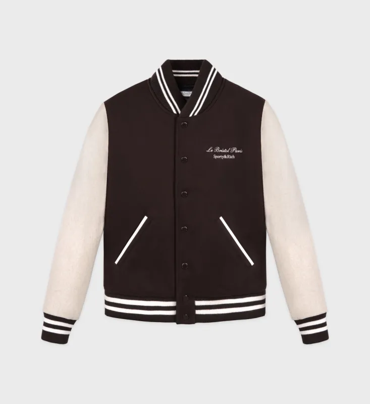 Faubourg Wool Varsity Jacket - Chocolate/Cream sold by Sporty and Rich