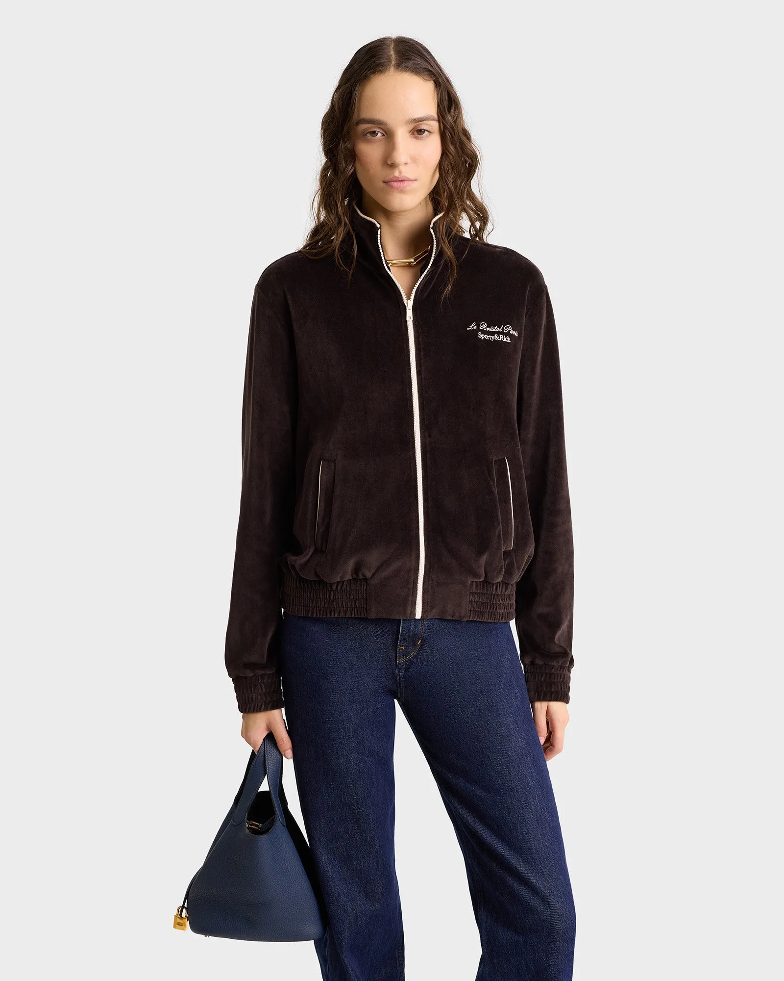 Faubourg Velour Track Jacket - Chocolate/Cream sold by Sporty and Rich product image thumbnail 5