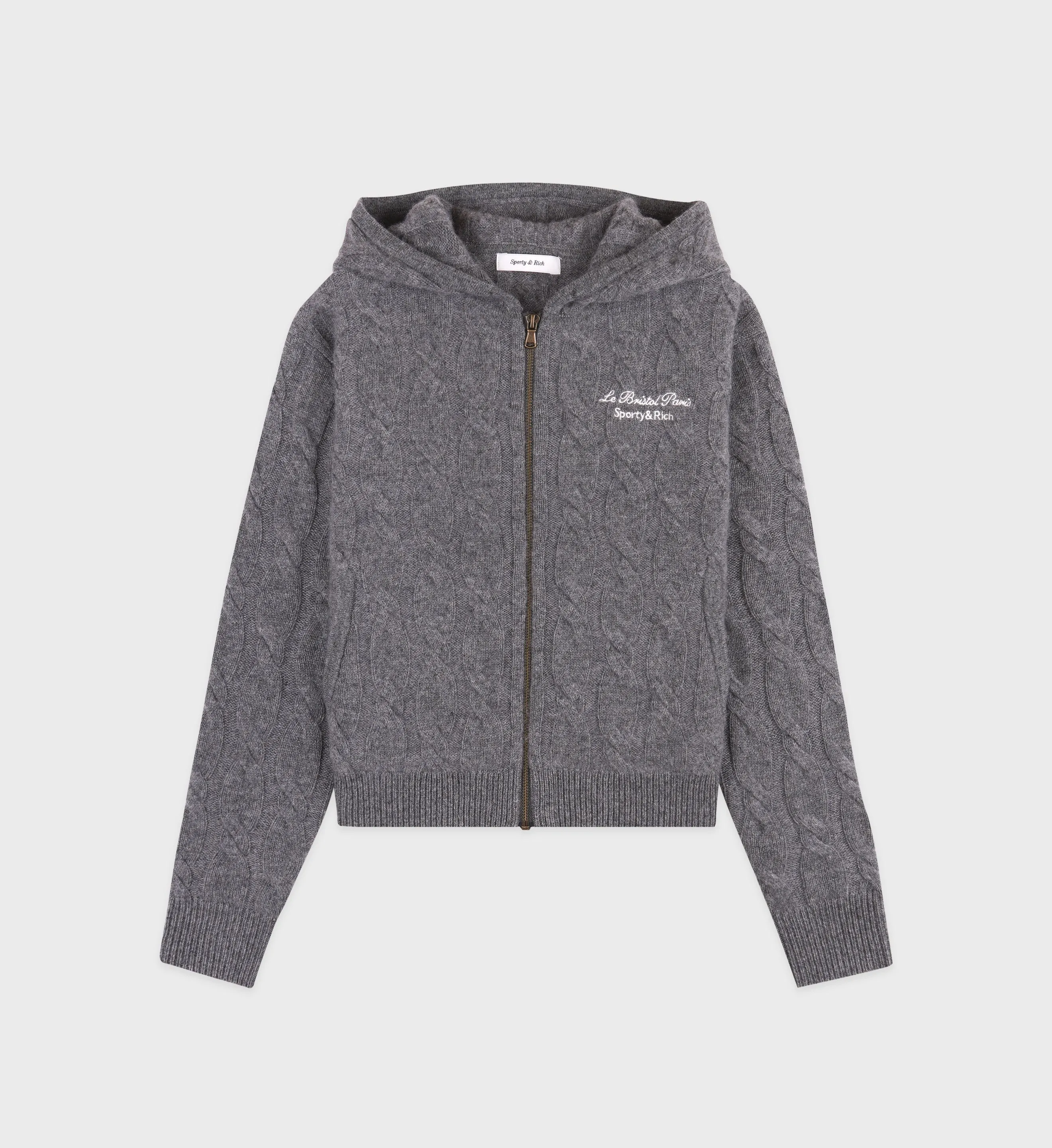 Faubourg Cableknit Wool Cashmere Zip Hoodie - Dark Gray/White sold by Sporty and Rich