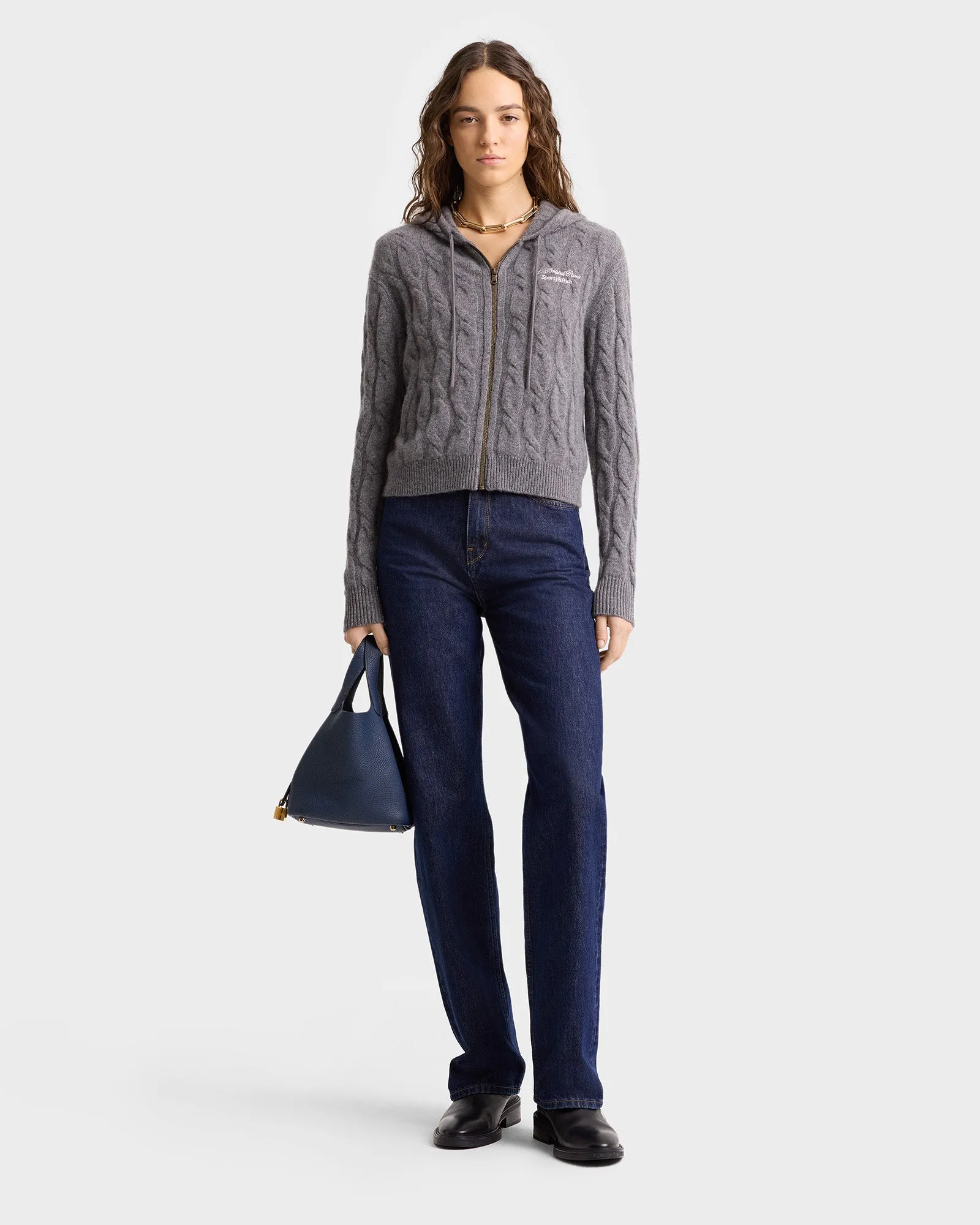 Faubourg Cableknit Wool Cashmere Zip Hoodie - Dark Gray/White sold by Sporty and Rich product image thumbnail 4