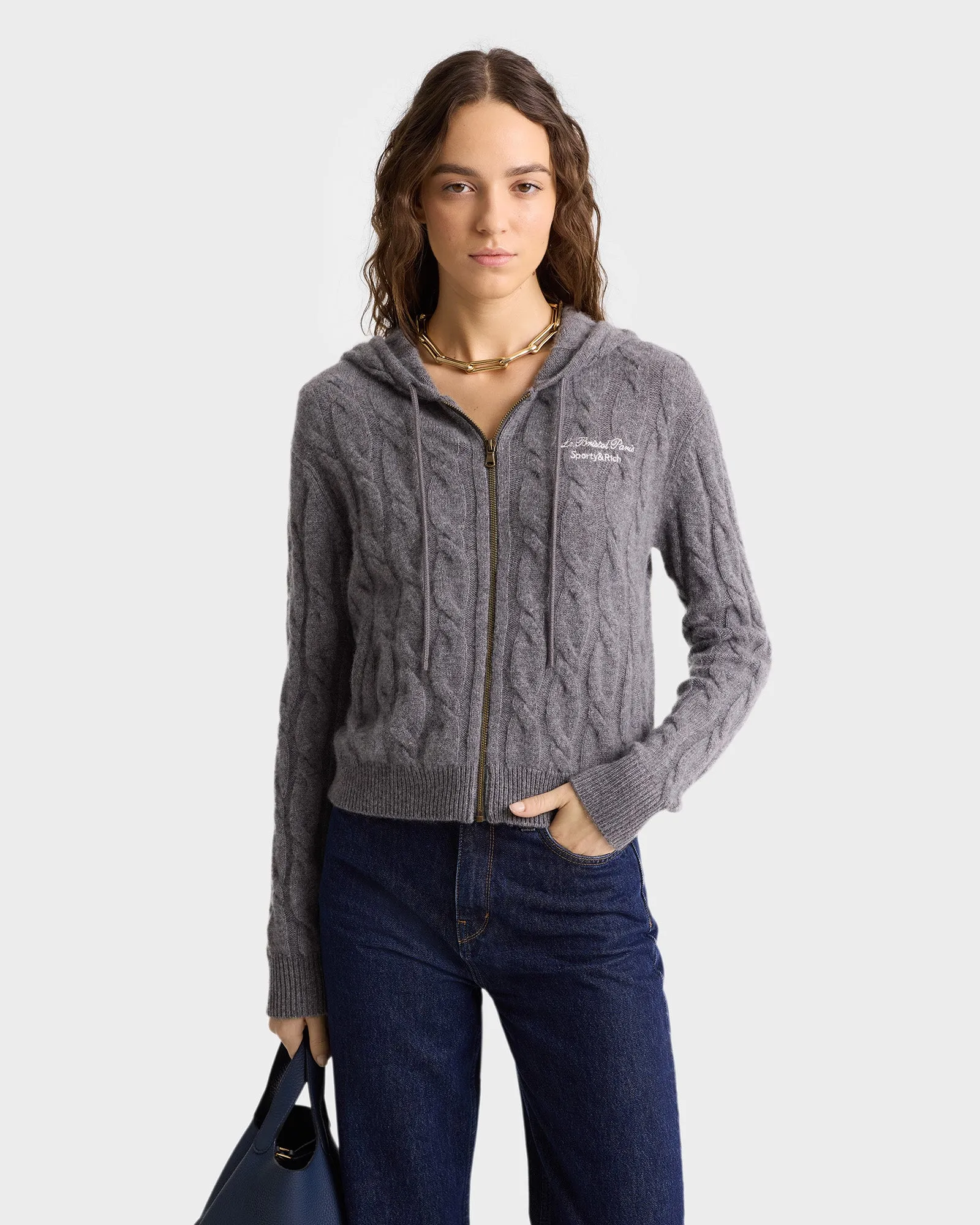 Faubourg Cableknit Wool Cashmere Zip Hoodie - Dark Gray/White sold by Sporty and Rich product image thumbnail 5