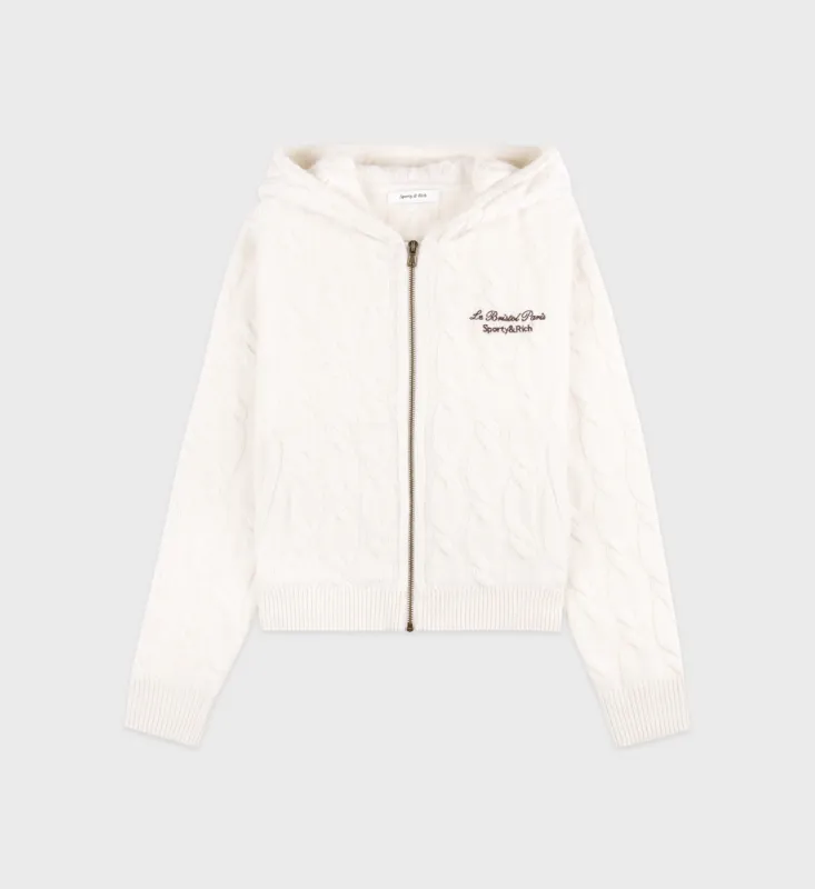 Faubourg Cableknit Wool Cashmere Zip Hoodie - Cream/Chocolate sold by Sporty and Rich