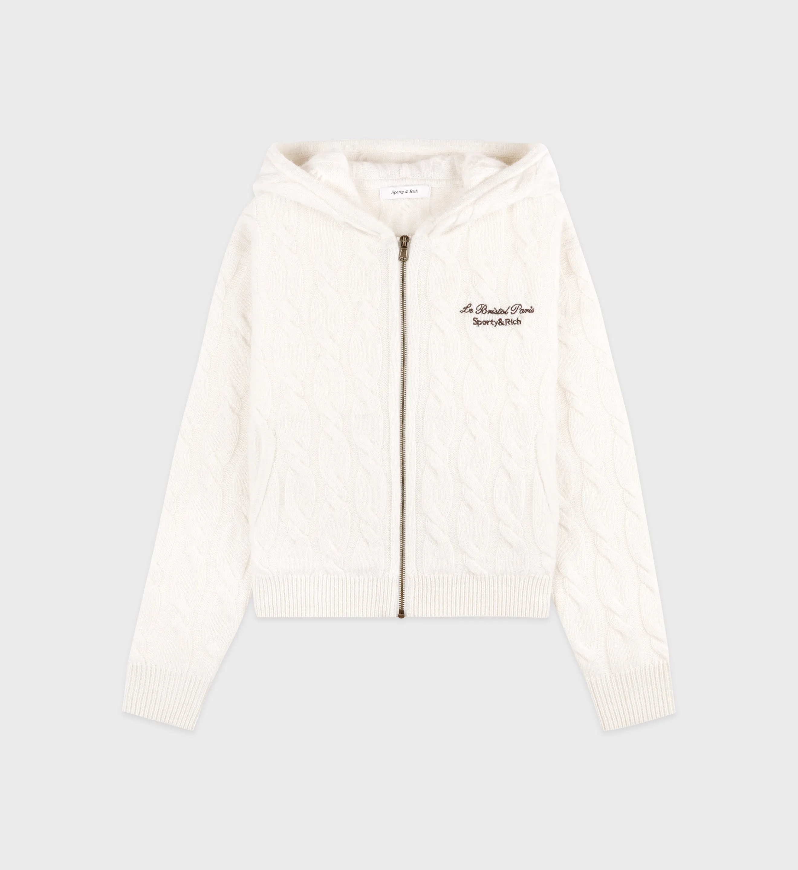 Faubourg Cableknit Wool Cashmere Zip Hoodie - Cream/Chocolate sold by Sporty and Rich