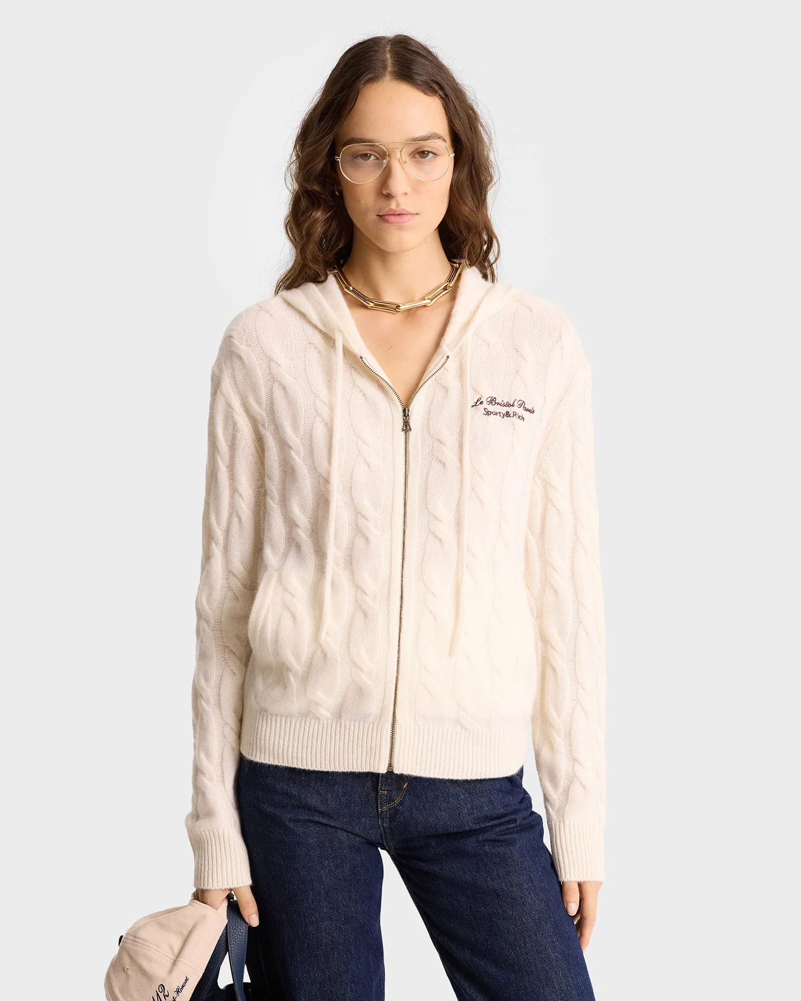 Faubourg Cableknit Wool Cashmere Zip Hoodie - Cream/Chocolate sold by Sporty and Rich product image thumbnail 4