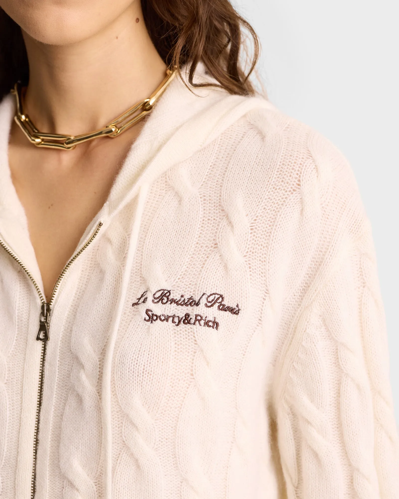 Faubourg Cableknit Wool Cashmere Zip Hoodie - Cream/Chocolate sold by Sporty and Rich product image thumbnail 5