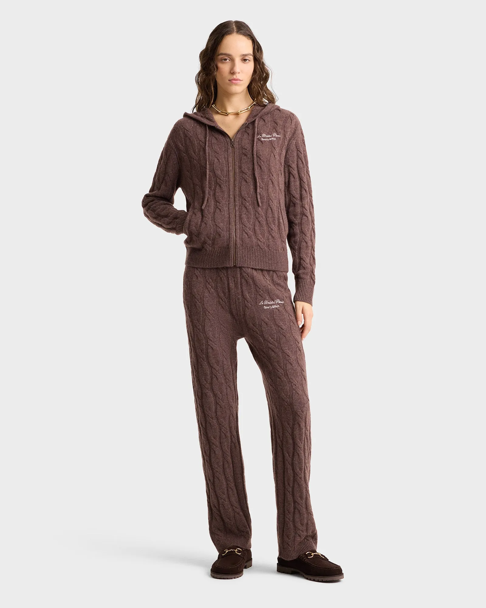 Faubourg Cableknit Wool Cashmere Zip Hoodie - Chocolate/Cream sold by Sporty and Rich product image thumbnail 4