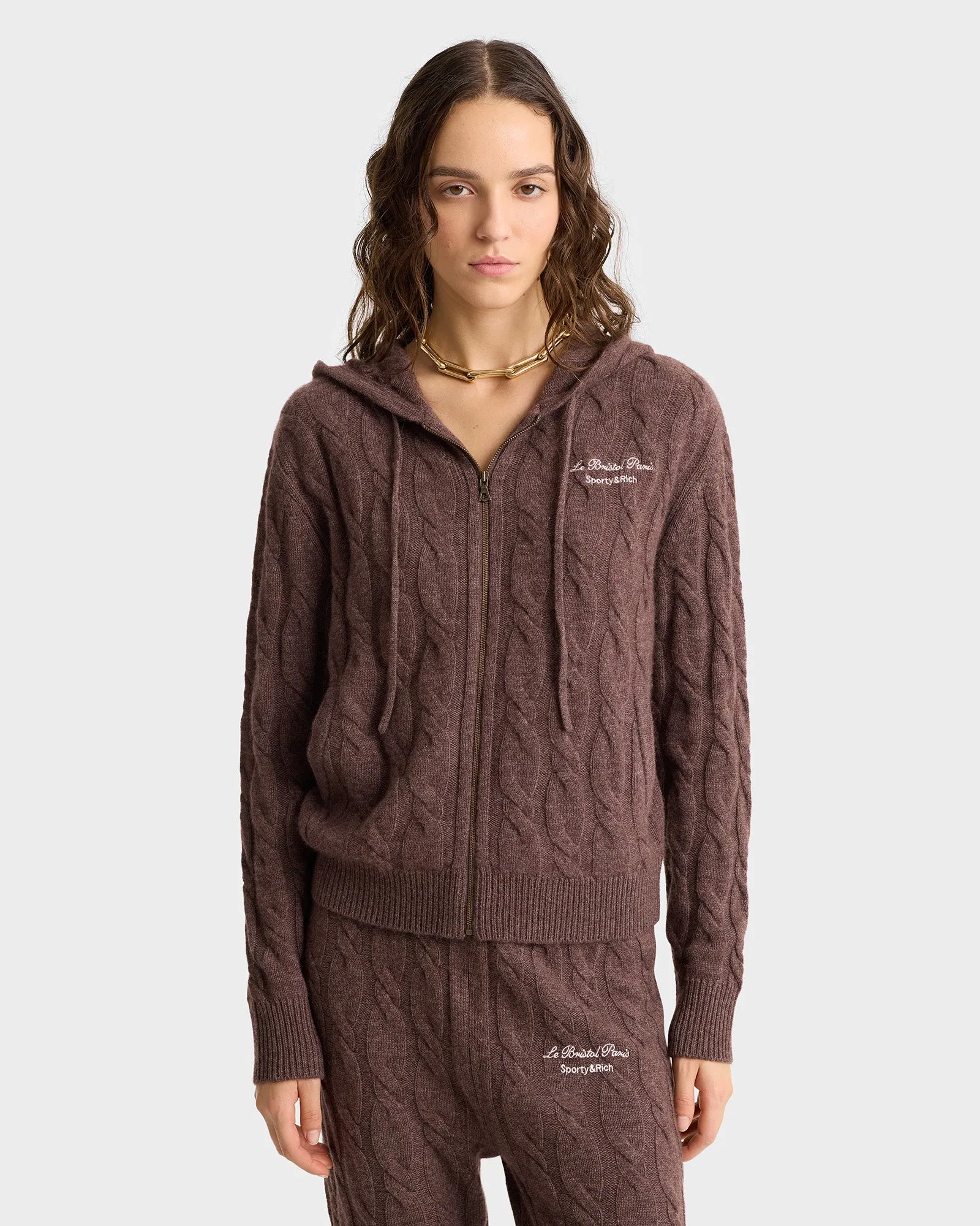 Faubourg Cableknit Wool Cashmere Zip Hoodie - Chocolate/Cream sold by Sporty and Rich product image thumbnail 5