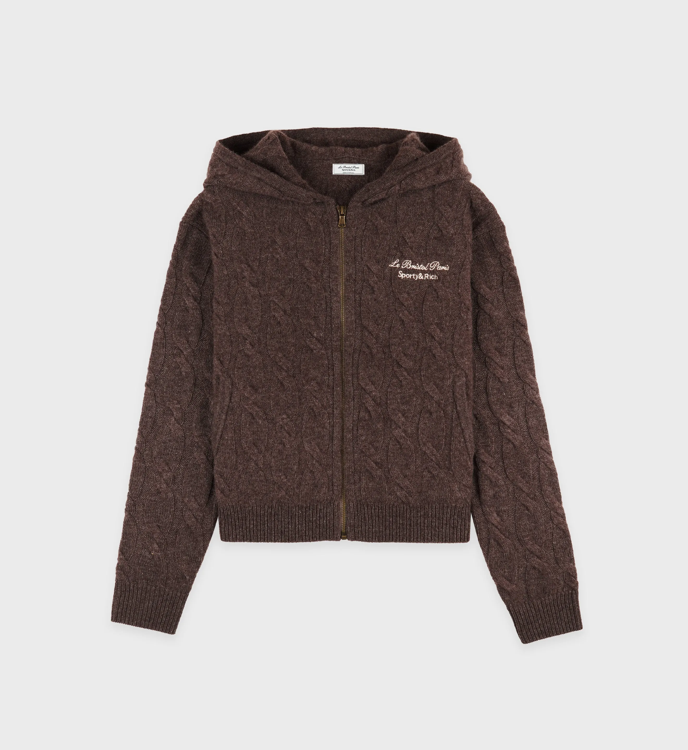 Faubourg Cableknit Wool Cashmere Zip Hoodie - Chocolate/Cream sold by Sporty and Rich