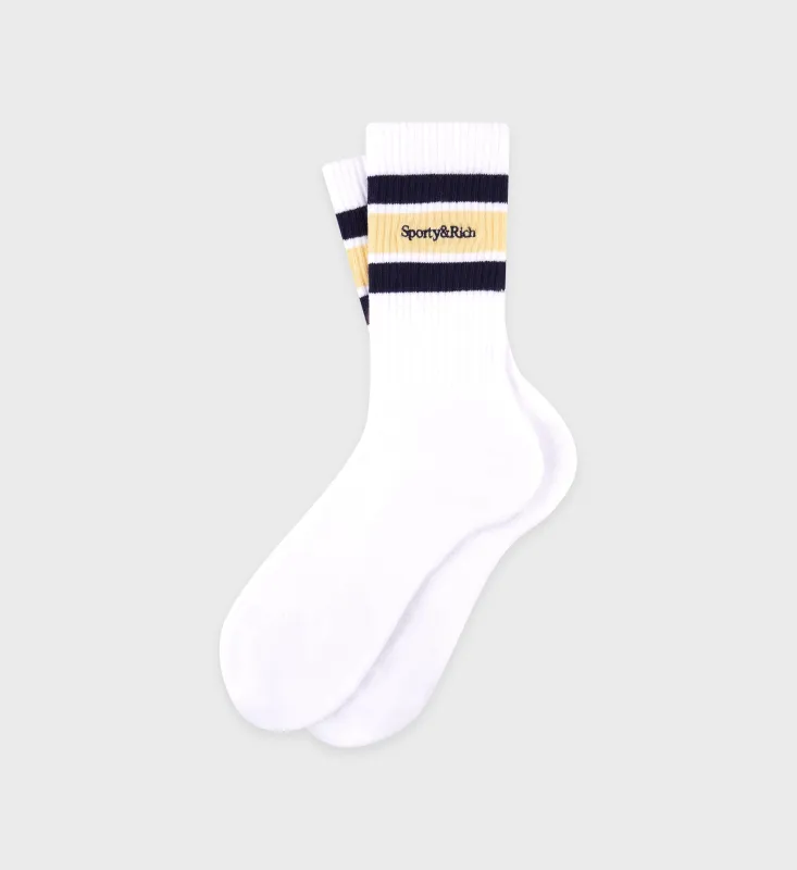 Serif Logo Socks - White/Almond/Navy sold by Sporty and Rich