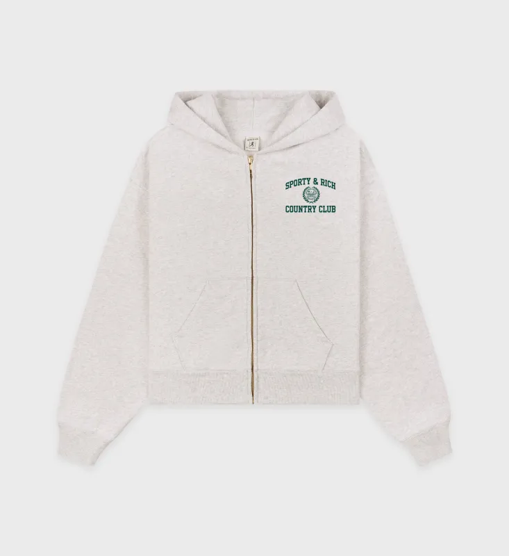 Varsity Crest Cropped Zip Hoodie - Heather Gray/Forest sold by Sporty and Rich