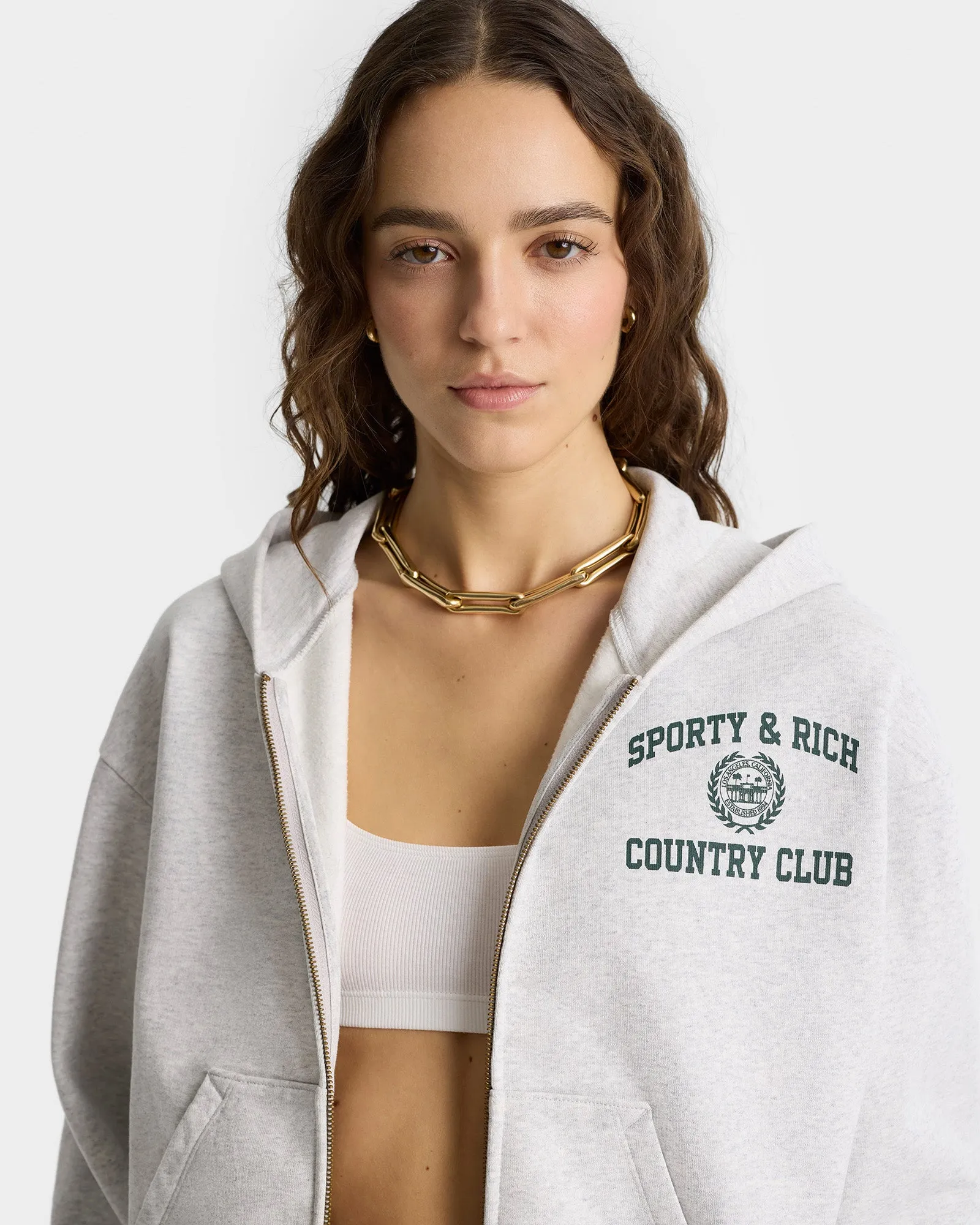 Varsity Crest Cropped Zip Hoodie - Heather Gray/Forest sold by Sporty and Rich product image thumbnail 5