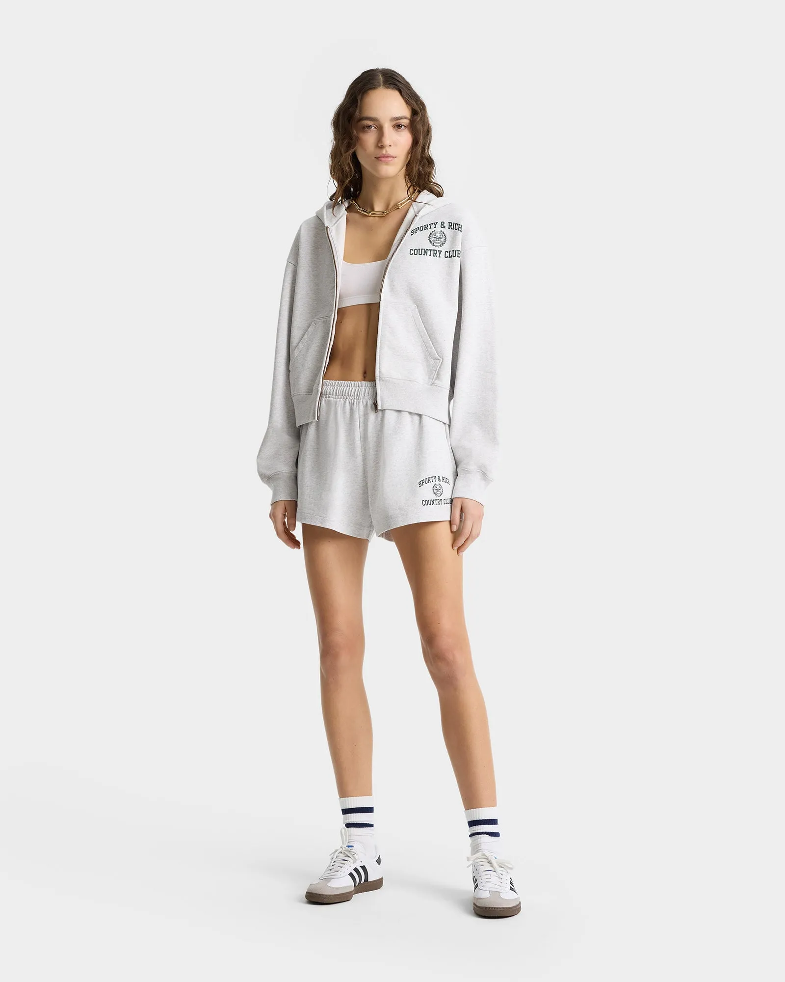 Varsity Crest Cropped Zip Hoodie - Heather Gray/Forest sold by Sporty and Rich product image thumbnail 3