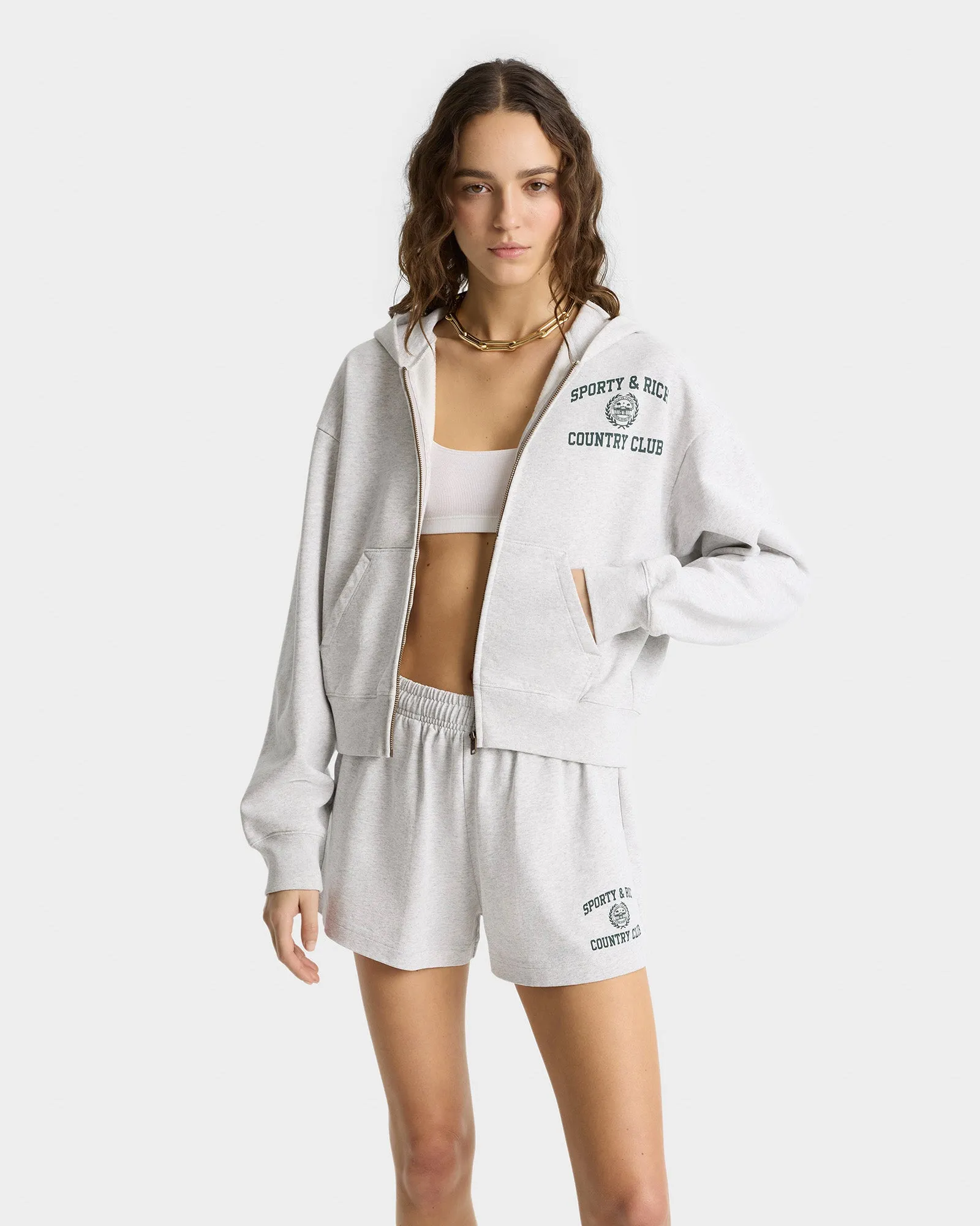 Varsity Crest Cropped Zip Hoodie - Heather Gray/Forest sold by Sporty and Rich product image thumbnail 4