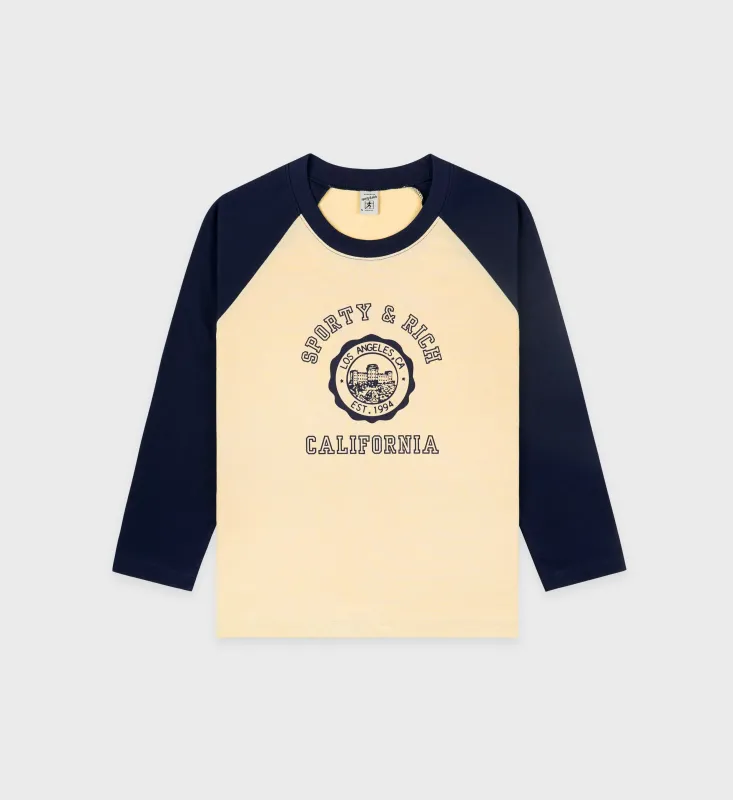 California Emblem Baseball Tee - Almond/Navy sold by Sporty and Rich