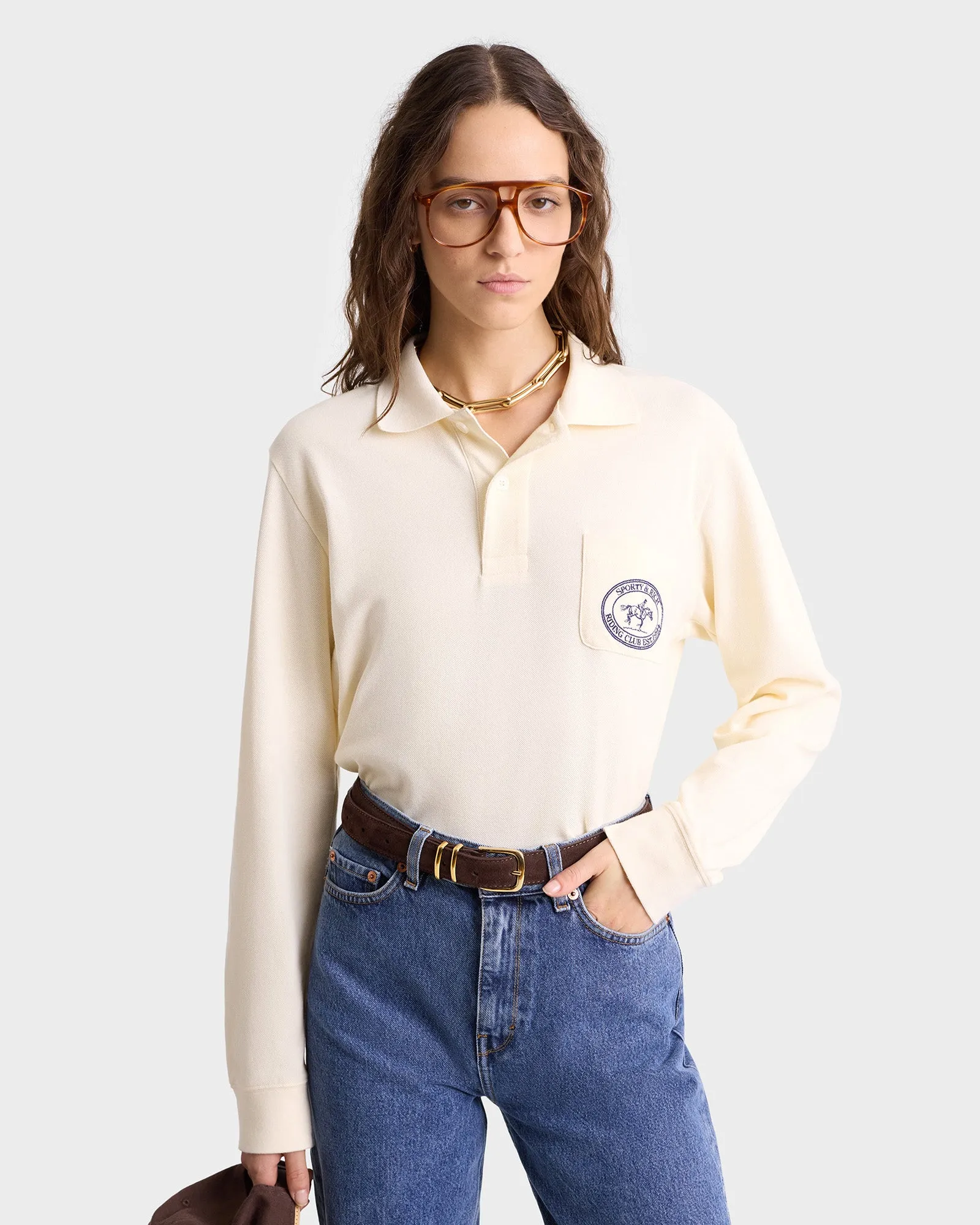 Riding Club Longsleeve Pique Polo - Cream/Navy sold by Sporty and Rich product image thumbnail 5
