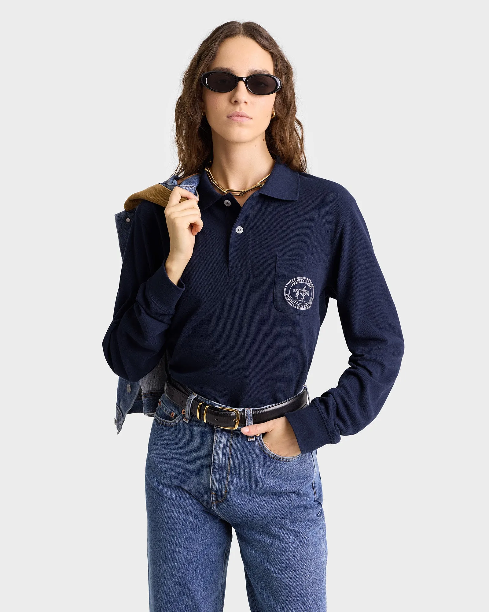 Riding Club Longsleeve Pique Polo - Navy/Cream sold by Sporty and Rich product image thumbnail 5