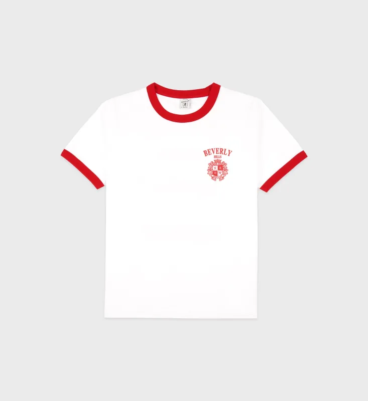 Beverly Hills Crest Soft Ringer Tee - White/Ruby sold by Sporty and Rich