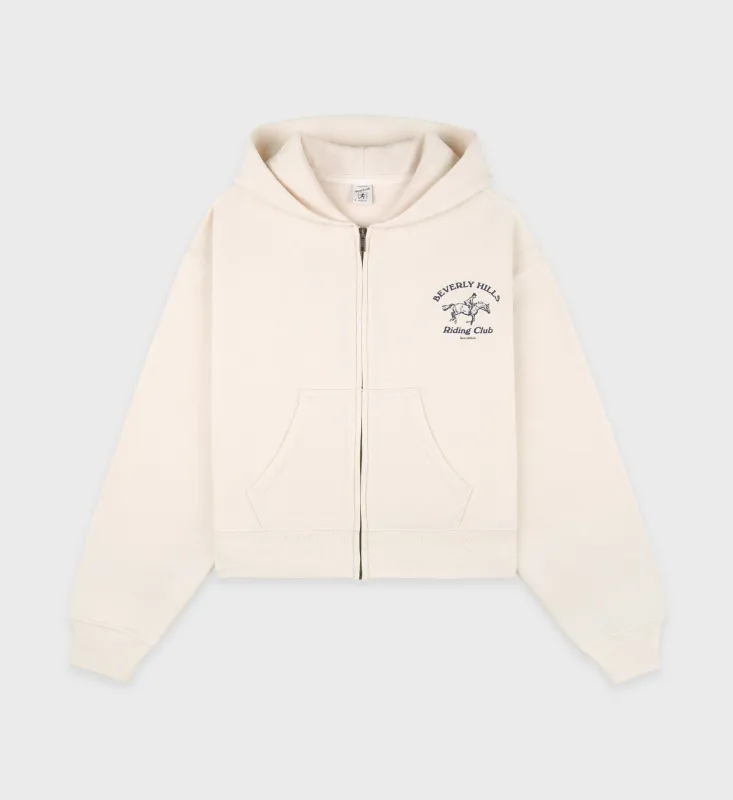 Beverly Hills Riding Club Soft Cropped Zip Hoodie - Cream/Navy sold by Sporty and Rich