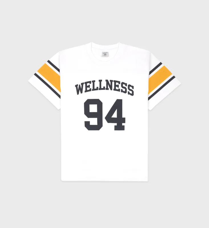 Wellness 94 Rugby Tee - White/Faded Gold/Faded Black sold by Sporty and Rich