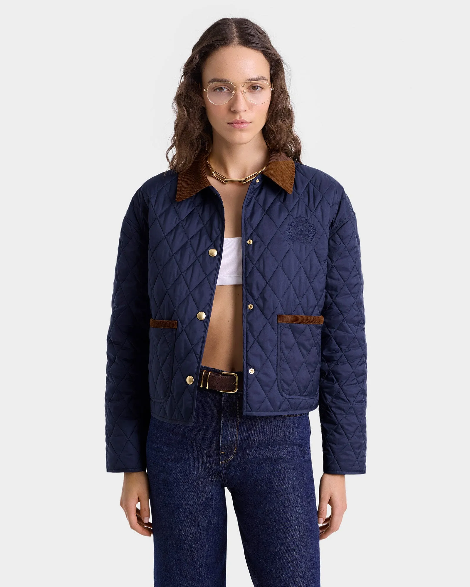 H&W Crest Nylon Cropped Quilted Jacket - Navy sold by Sporty and Rich product image thumbnail 3
