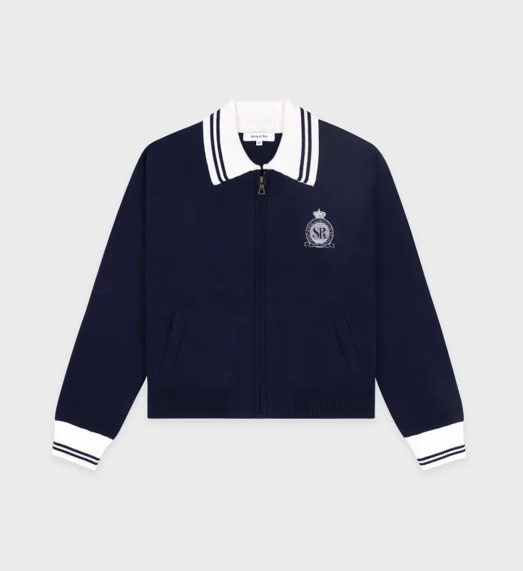 Royal Club Zipped Cardigan - Navy/White sold by Sporty and Rich