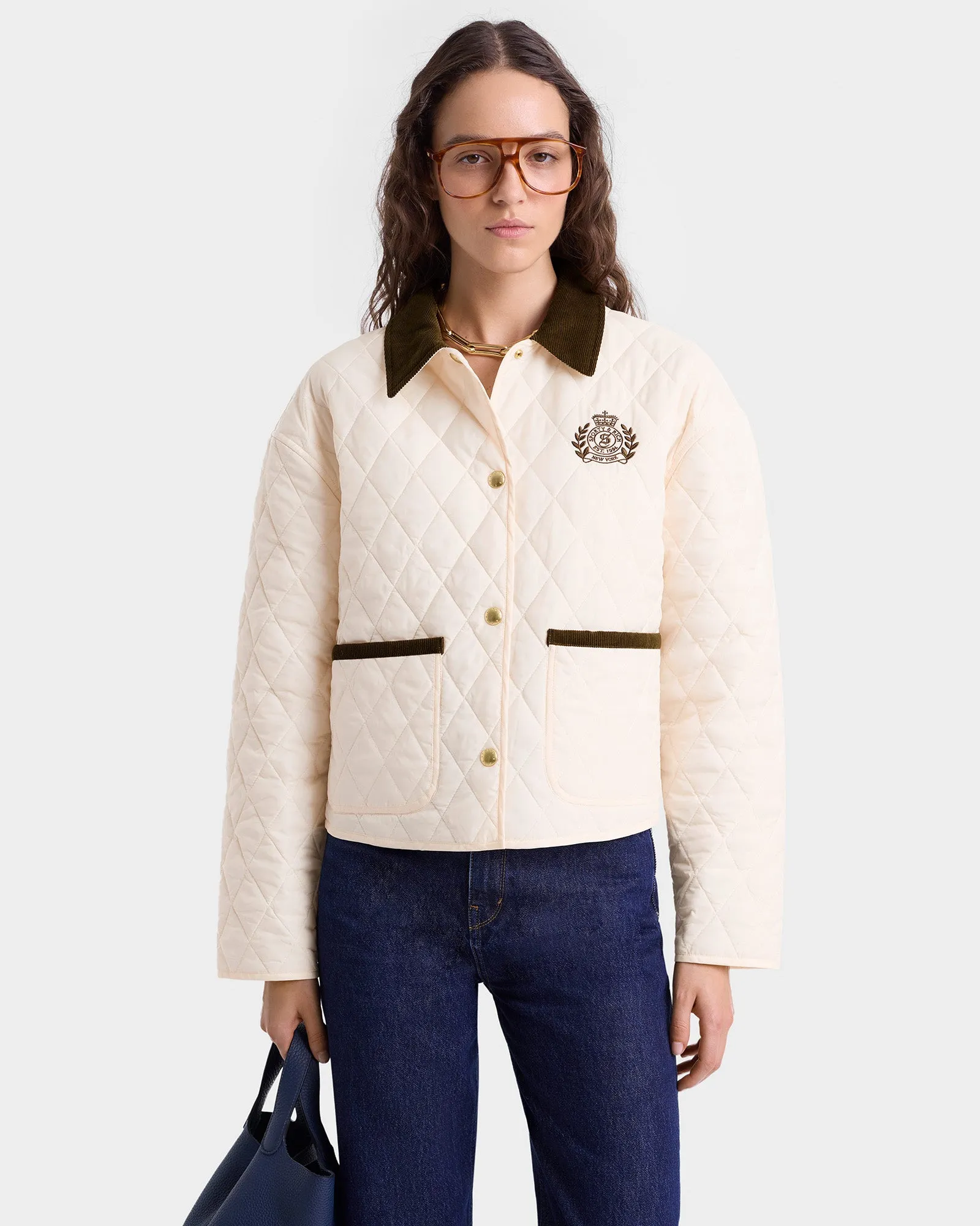 H&W Crest Nylon Cropped Quilted Jacket - Cream sold by Sporty and Rich product image thumbnail 3