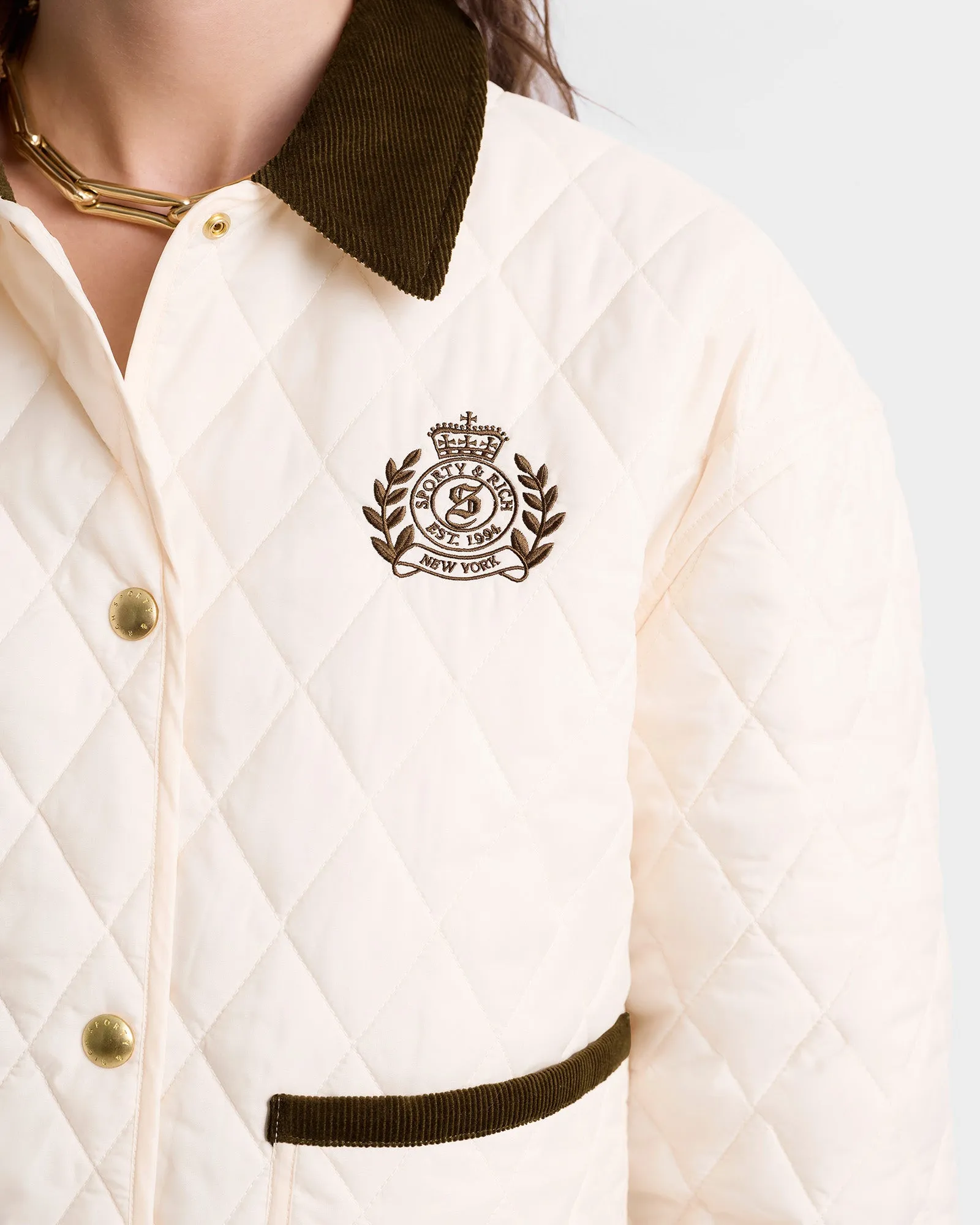 H&W Crest Nylon Cropped Quilted Jacket - Cream sold by Sporty and Rich product image thumbnail 4