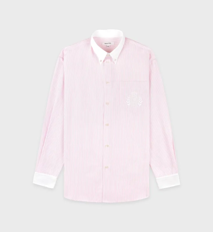 H&W Crest Oversized Oxford Shirt - Pink/White Thin Stripe sold by Sporty and Rich