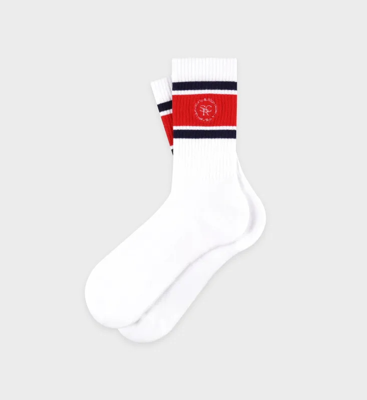 SRHWC Roller Socks - White/Navy/Ruby sold by Sporty and Rich