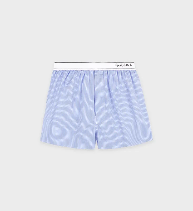 Serif Logo Boxer Short - Light Blue Striped/White sold by Sporty and Rich