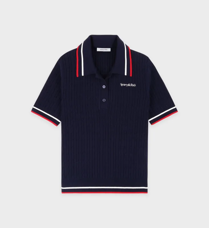 Serif Logo Mini Cable Polo - Navy/White/Ruby sold by Sporty and Rich