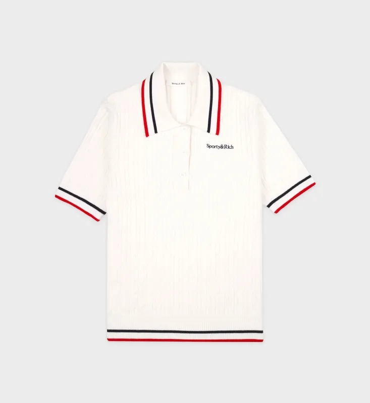 Serif Logo Mini Cable Polo - White/Navy/Ruby sold by Sporty and Rich