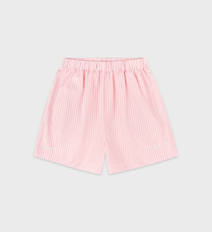 Eden Script Poplin Short - Pink/White Thin Stripe sold by Sporty and Rich