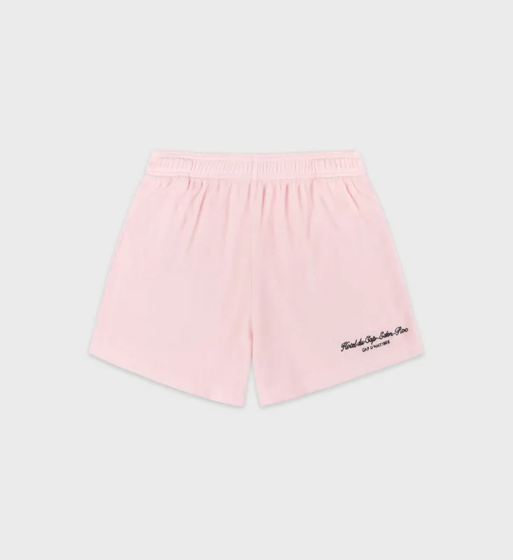 Eden Script Terry Short - Pink Dolphin/Navy sold by Sporty and Rich