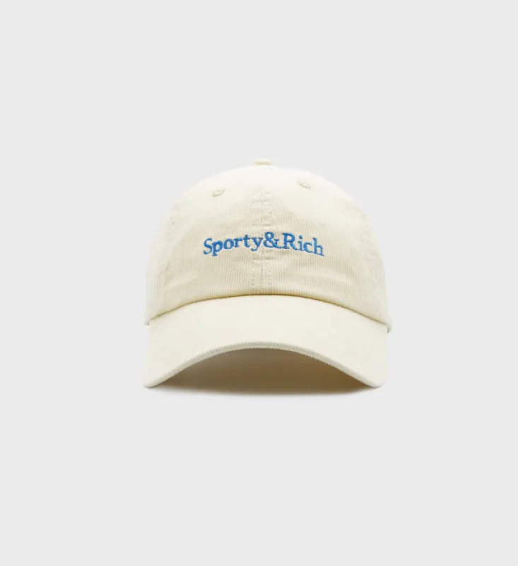 Serif Logo Corduroy Hat - Cream/Ocean sold by Sporty and Rich