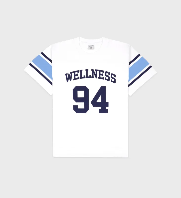 Wellness 94 Rugby Tee - White/Flax blue/Navy sold by Sporty and Rich
