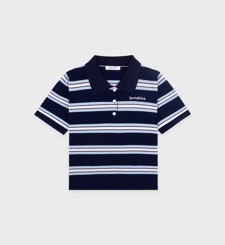 Serif Logo Silk Pique Cropped Polo - Navy/White/Flax Blue sold by Sporty and Rich