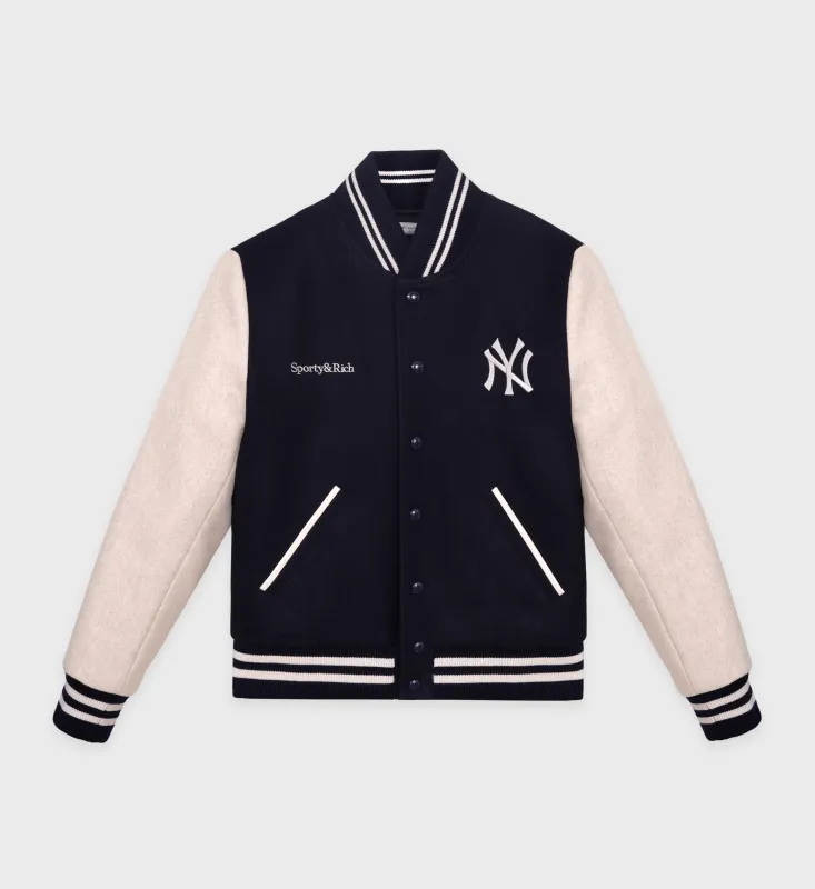 Homerun Wool Varsity Jacket - Navy/Cream sold by Sporty and Rich