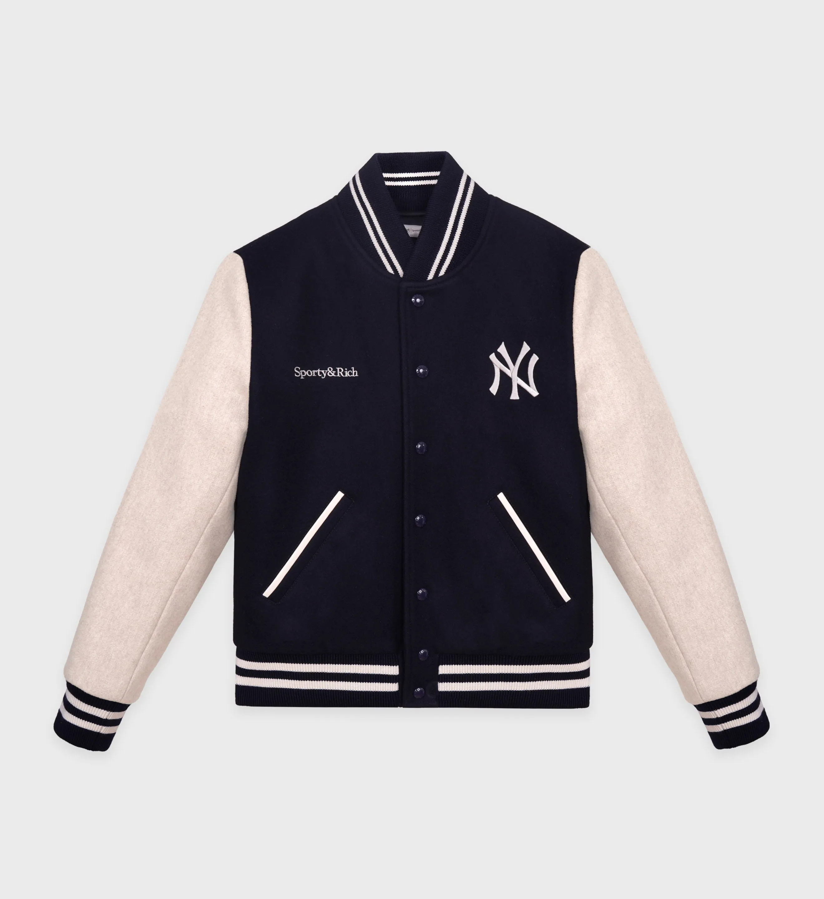 Homerun Wool Varsity Jacket - Navy/Cream sold by Sporty and Rich