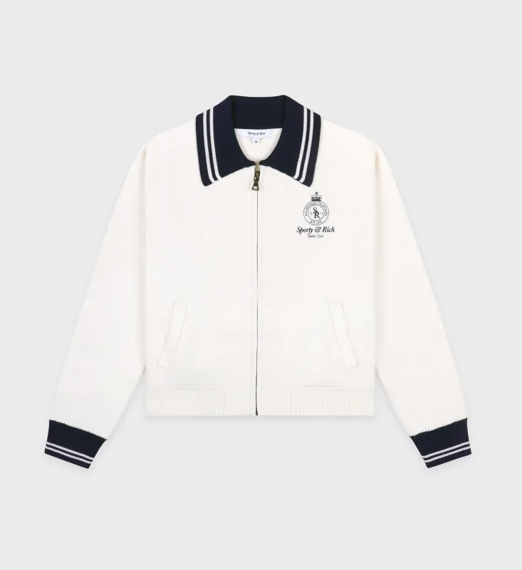 Crown Tennis Zipped Cardigan - Off White/Navy sold by Sporty and Rich