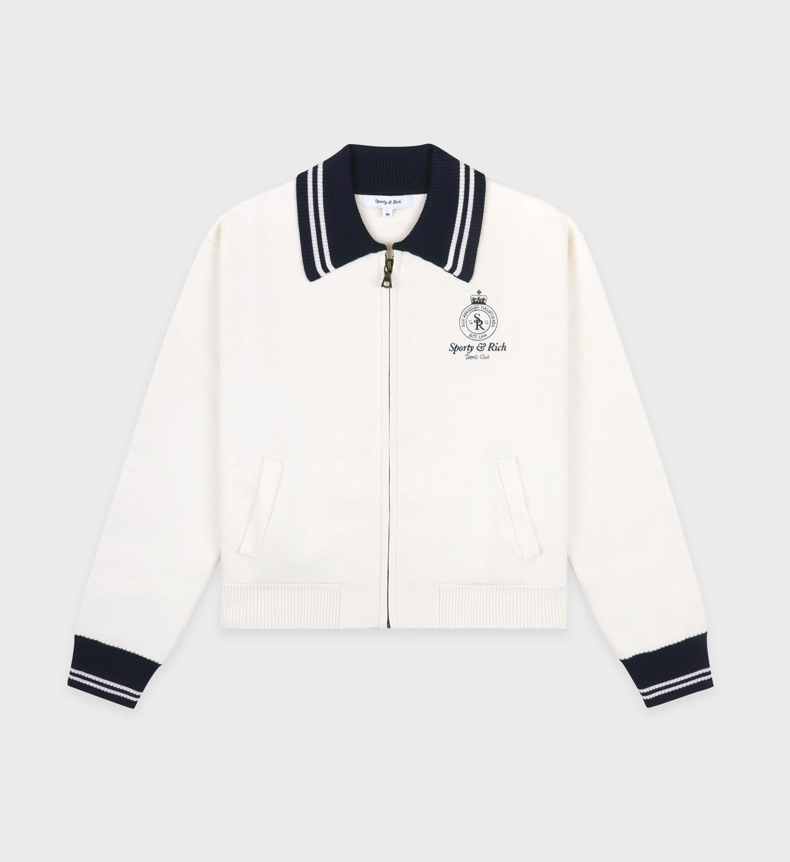 Crown Tennis Zipped Cardigan - Off White/Navy sold by Sporty and Rich