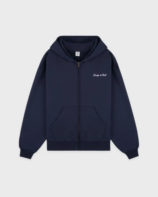 Signature Logo Embroidered Zip Hoodie - Navy/White sold by Sporty and Rich