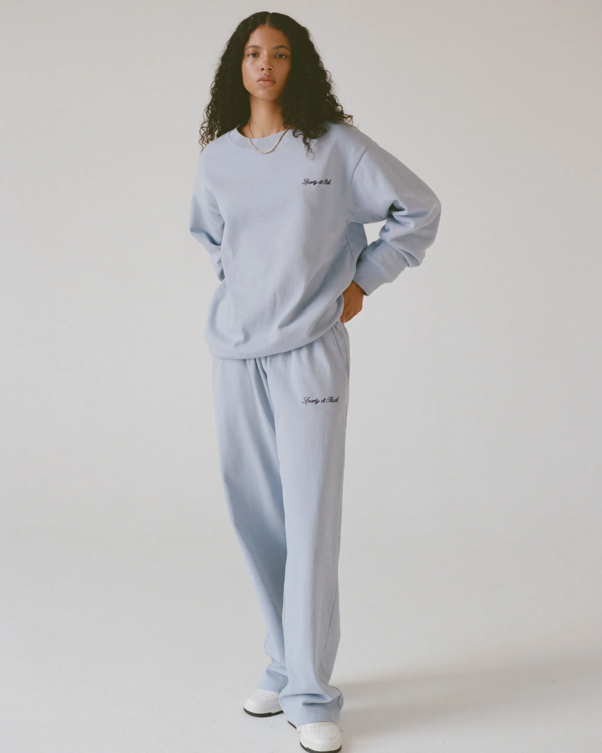 Signature Logo Embroidered Wide Sweatpant - Faded Blue/Navy sold by Sporty and Rich product image thumbnail 3