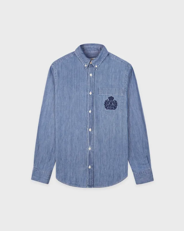 NY Crest Oversized Denim Shirt - Light Blue sold by Sporty and Rich